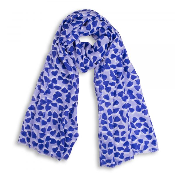 Katie Loxton Heart Print Scarf Blue & Lilac Frayed Edge
