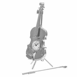 Miniature Clock Chrome Plated Violin With Bow & Stand
