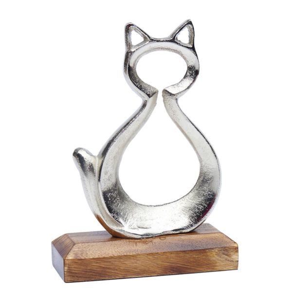Transomnia Silver Metal Cat Ornament on Wooden Base Quirky Gift for Cat Lover