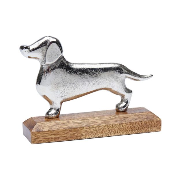 Metal Dachshund Dog Sculpture on a wooden plinth - Dog Ornament