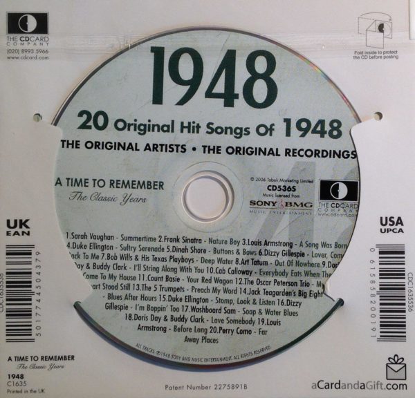 1948 Birthday Card, CD & Music Downloads all in one, 75th Birthday Gift