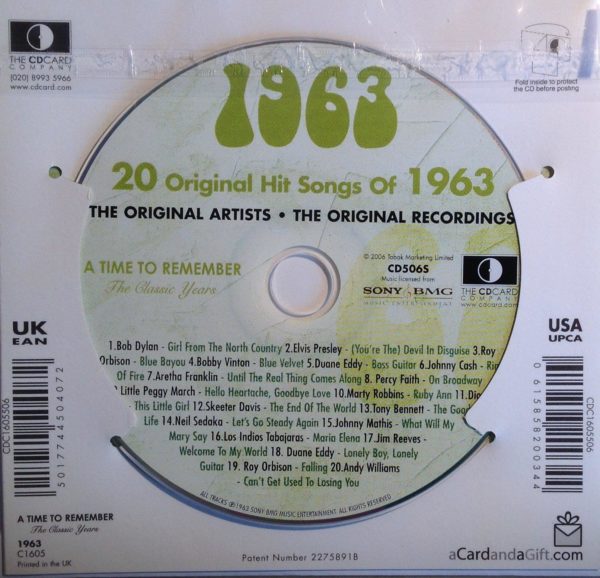 1963 Birthday Card, CD & Music Download all in one, 60th Birthday Gift.