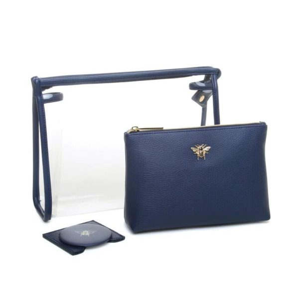 Alice Wheeler 3 Piece Makeup Gift Set Travel Case with Round Compact Mirror in Navy